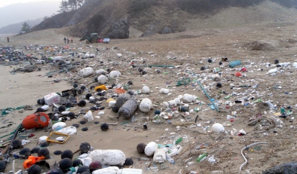 바다쓰레기로 뒤덮힌 해안가.